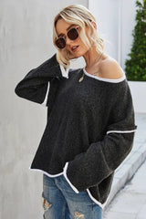 Oatmeal Cream Contrast Trim Fringe Knit Sweater - View 8 | TEVQA