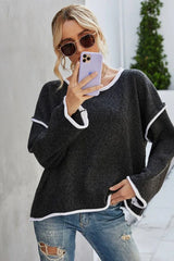 Oatmeal Cream Contrast Trim Fringe Knit Sweater - View 9 | TEVQA