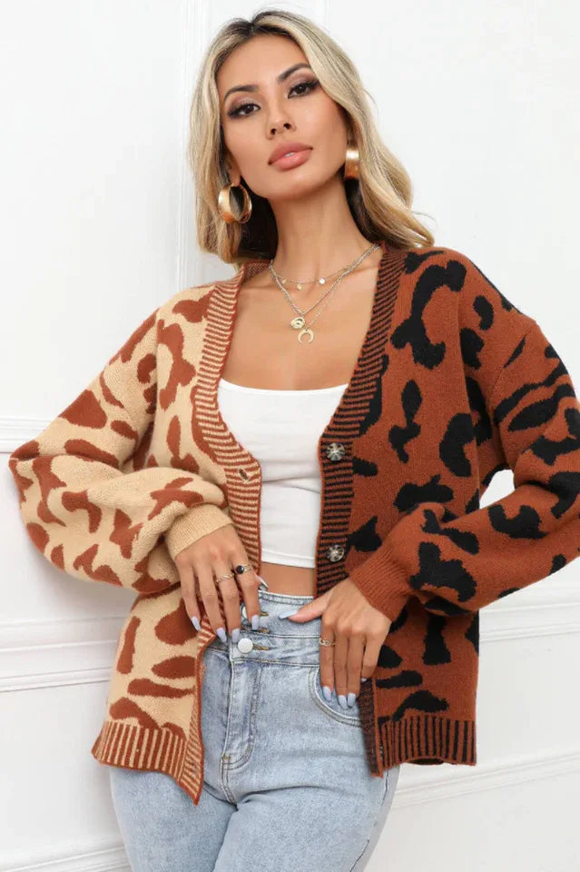 Wild Instincts Two-Tone Leopard Print Spliced Button-Down Cardigan - TEVQA