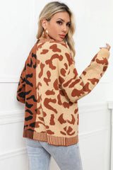 Wild Instincts Two-Tone Leopard Print Spliced Button-Down Cardigan - TEVQA