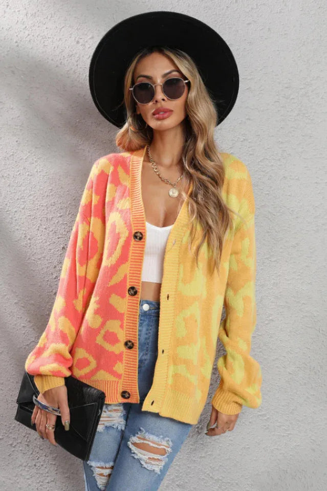 Wild Instincts Two-Tone Leopard Print Spliced Button-Down Cardigan - TEVQA