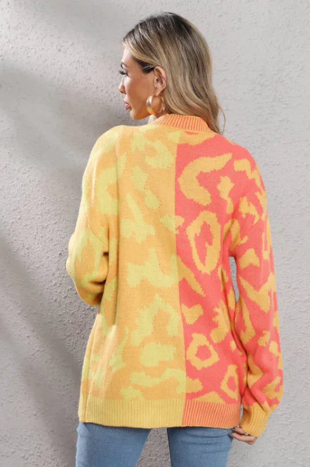 Wild Instincts Two-Tone Leopard Print Spliced Button-Down Cardigan - TEVQA