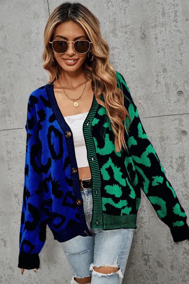 Wild Instincts Two-Tone Leopard Print Spliced Button-Down Cardigan - TEVQA