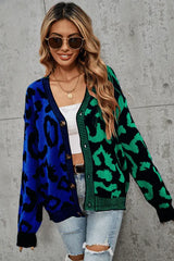 Wild Instincts Two-Tone Leopard Print Spliced Button-Down Cardigan - TEVQA