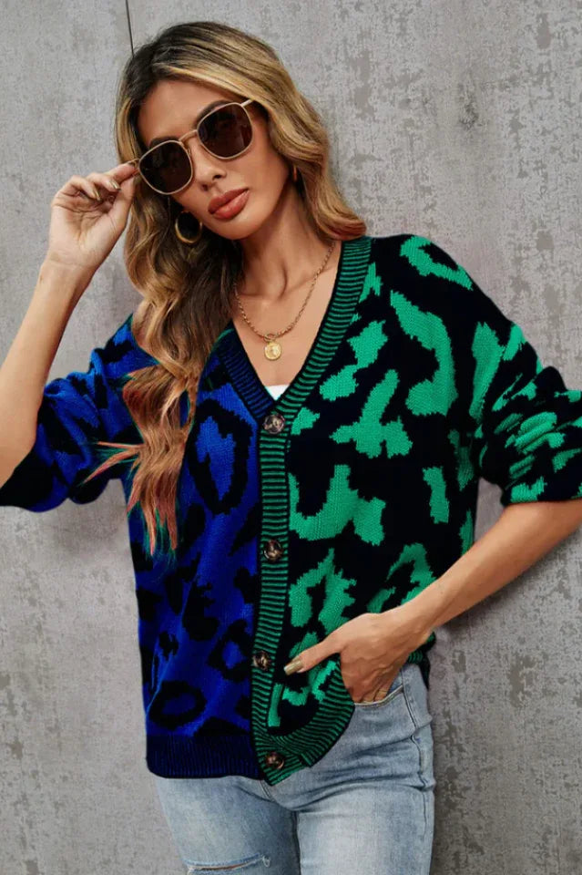 Wild Instincts Two-Tone Leopard Print Spliced Button-Down Cardigan - TEVQA