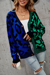 Wild Instincts Two-Tone Leopard Print Spliced Button-Down Cardigan - TEVQA