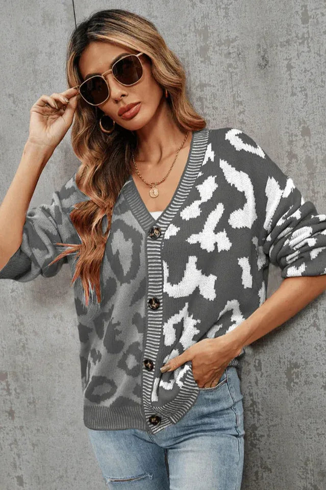 Wild Instincts Two-Tone Leopard Print Spliced Button-Down Cardigan - TEVQA