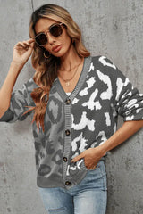 Wild Instincts Two-Tone Leopard Print Spliced Button-Down Cardigan - TEVQA