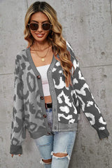 Wild Instincts Two-Tone Leopard Print Spliced Button-Down Cardigan - TEVQA