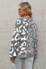 Wild Instincts Two-Tone Leopard Print Spliced Button-Down Cardigan - TEVQA