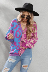 Wild Instincts Two-Tone Leopard Print Spliced Button-Down Cardigan - TEVQA