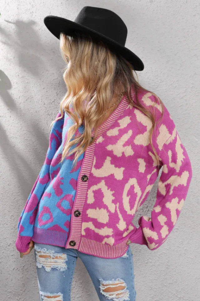 Wild Instincts Two-Tone Leopard Print Spliced Button-Down Cardigan - TEVQA