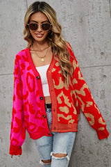 Wild Instincts Two-Tone Leopard Print Spliced Button-Down Cardigan - TEVQA