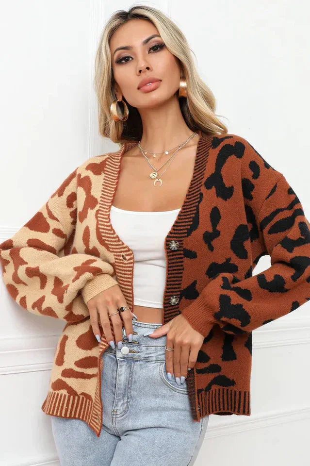 Wild Instincts Two-Tone Leopard Print Spliced Button-Down Cardigan - TEVQA