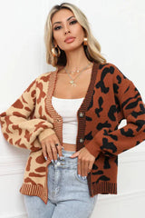 Wild Instincts Two-Tone Leopard Print Spliced Button-Down Cardigan - TEVQA