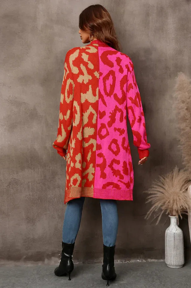 Vibrant Color-Block Leopard Cardigan - TEVQA