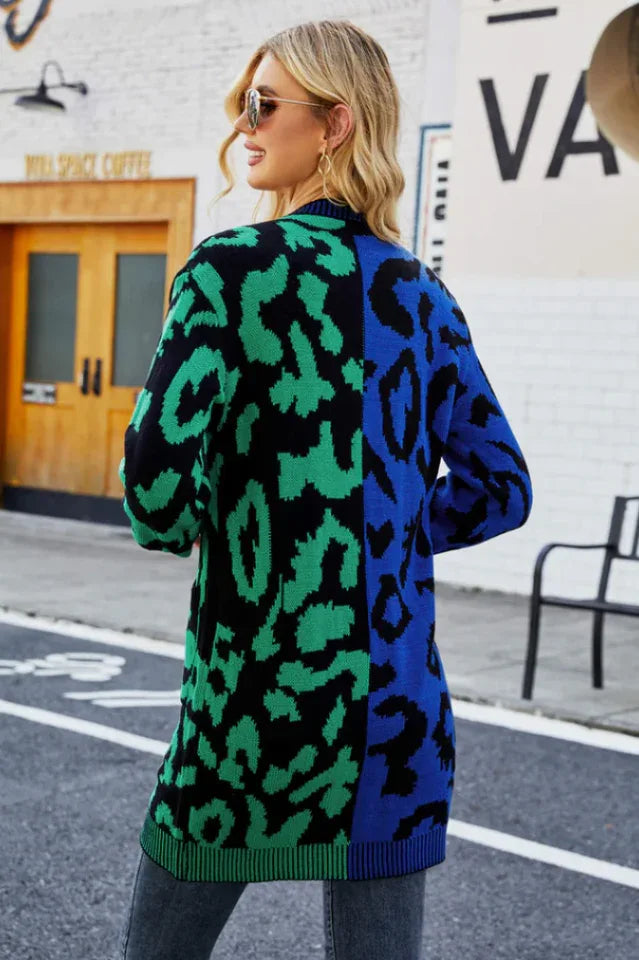 Vibrant Color-Block Leopard Cardigan - TEVQA
