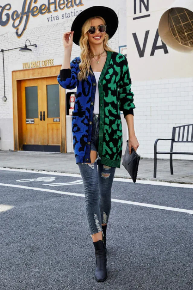Vibrant Color-Block Leopard Cardigan - TEVQA