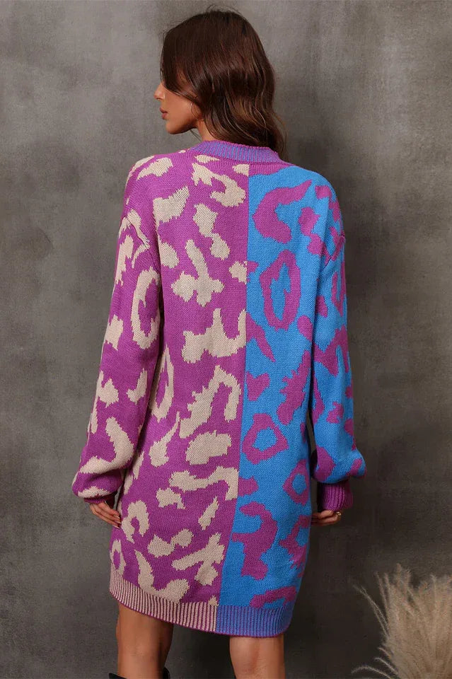 Vibrant Color-Block Leopard Cardigan - TEVQA