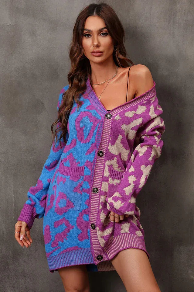 Vibrant Color-Block Leopard Cardigan - TEVQA
