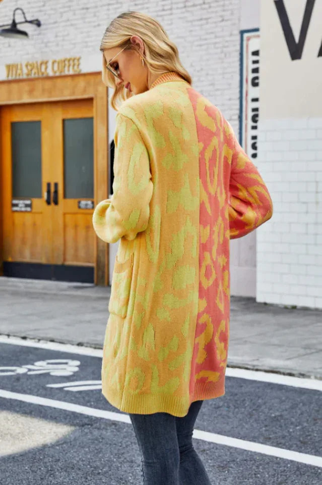Vibrant Color-Block Leopard Cardigan - TEVQA