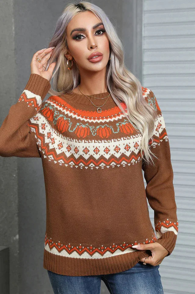 Vintage Pumpkin Fair Isle Knit Sweater - TEVQA