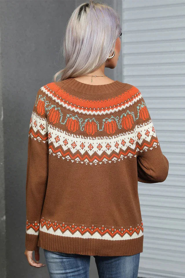 Vintage Pumpkin Fair Isle Knit Sweater - TEVQA
