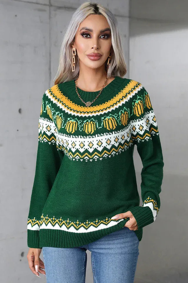 Vintage Pumpkin Fair Isle Knit Sweater - TEVQA