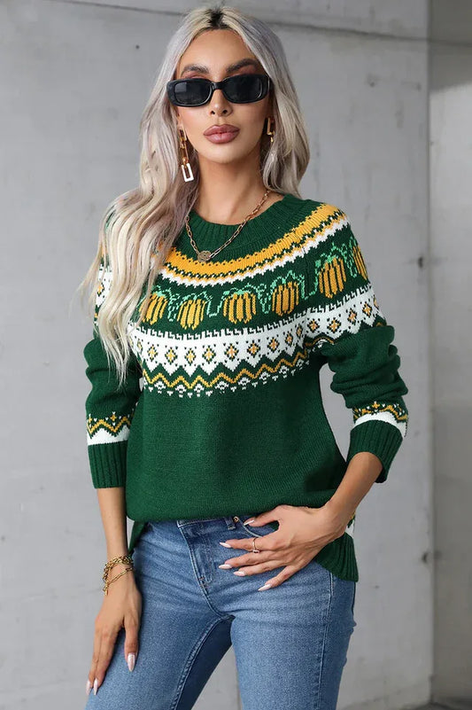 Vintage Pumpkin Fair Isle Knit Sweater - TEVQA