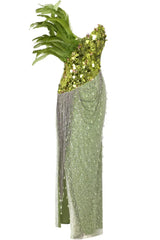 Qorow Feather Trimmed Crystal Chain Fringe Maxi Dress - View 8 | TEVQA