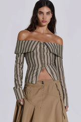 Close-up of an off-the-shoulder striped top with a button-front closure