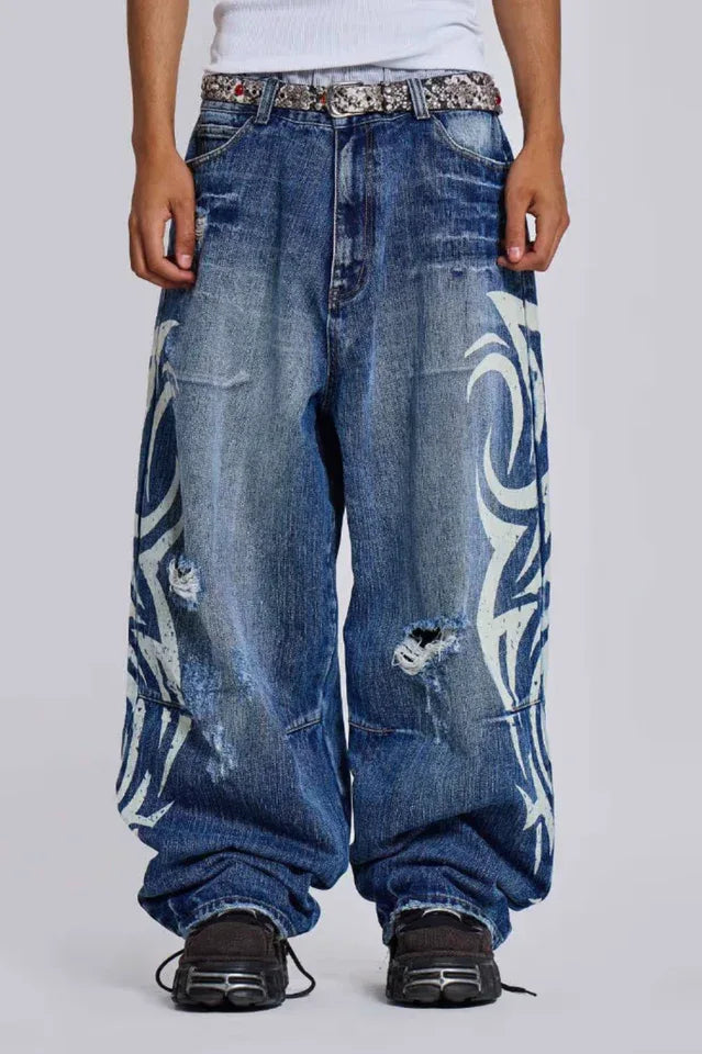Wide leg denim jeans with graphic print - View 17 | TEVQA