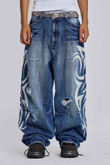 Wide leg denim jeans with graphic print - View 17 | TEVQA
