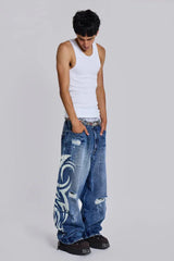 Wide leg denim jeans with graphic print - View 15 | TEVQA