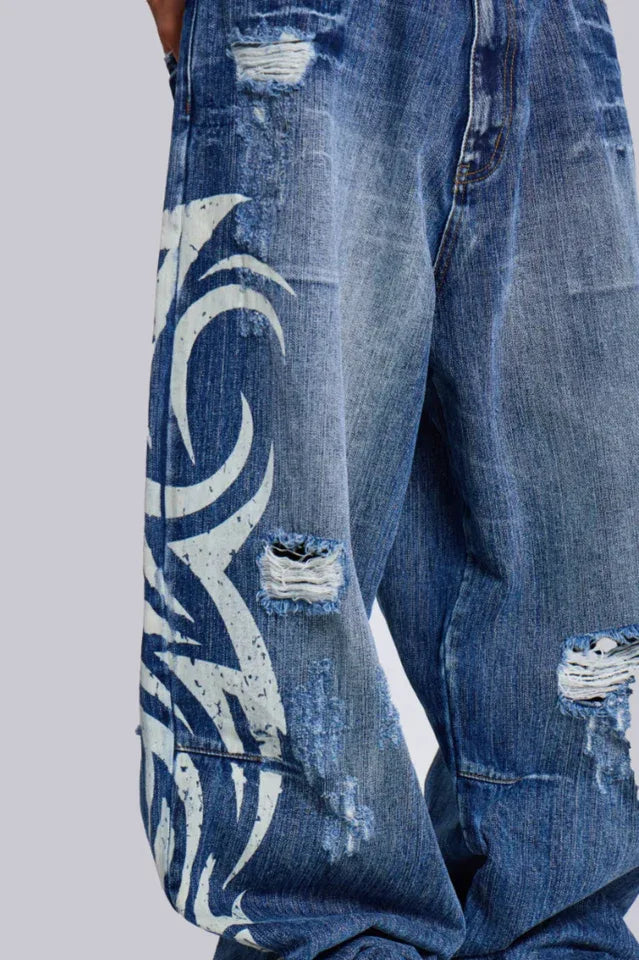 Wide leg denim jeans with graphic print - View 18 | TEVQA