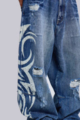 Wide leg denim jeans with graphic print - View 18 | TEVQA