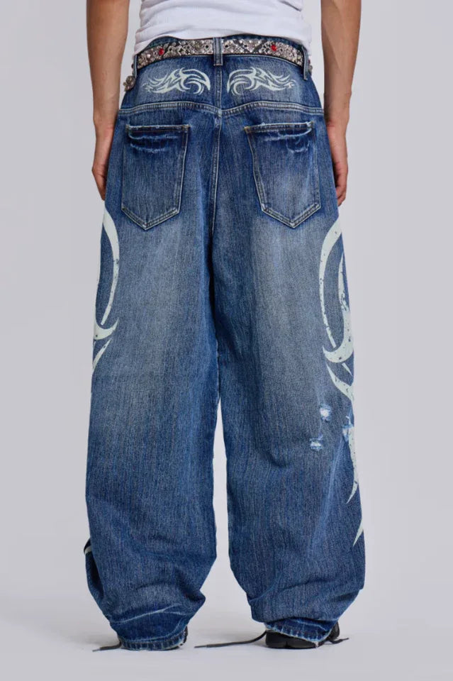 Wide leg denim jeans with graphic print - View 19 | TEVQA
