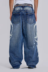 Wide leg denim jeans with graphic print - View 19 | TEVQA