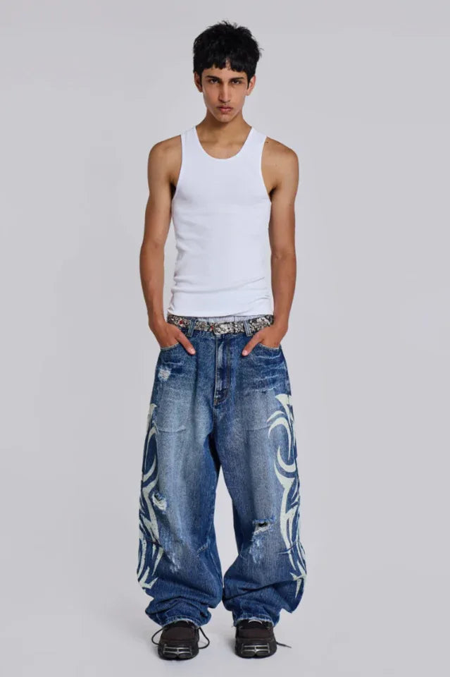 Wide leg denim jeans with graphic print - View 14 | TEVQA