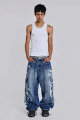 Wide leg denim jeans with graphic print - View 14 | TEVQA
