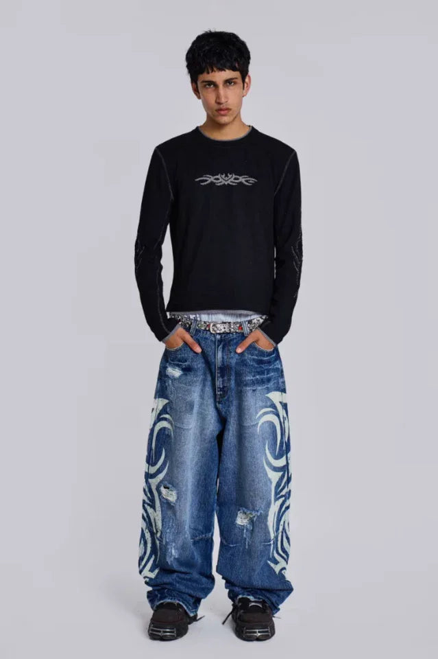 Wide leg denim jeans with graphic print - View 16 | TEVQA
