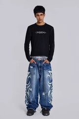 Wide leg denim jeans with graphic print - View 16 | TEVQA