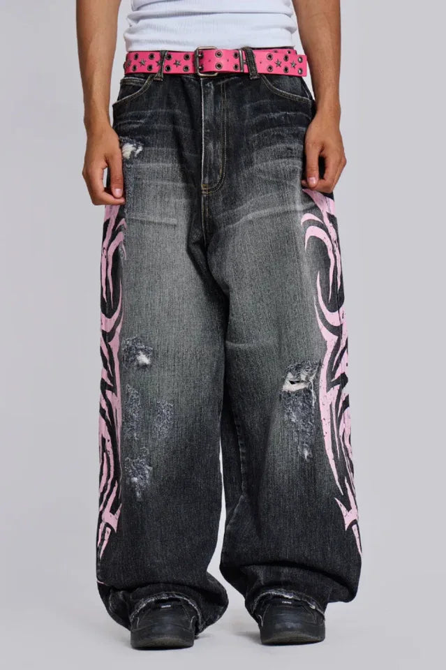 Wide leg denim jeans with graphic print - View 6 | TEVQA