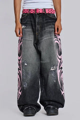 Wide leg denim jeans with graphic print - View 6 | TEVQA