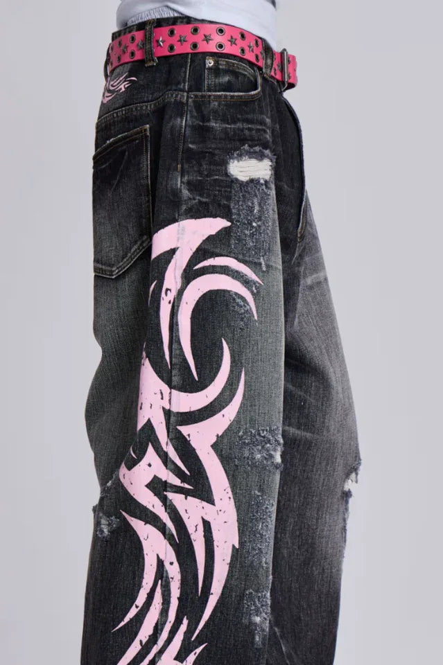 Wide leg denim jeans with graphic print - View 9 | TEVQA