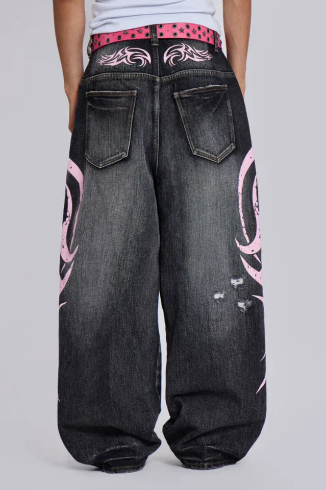 Wide leg denim jeans with graphic print - View 7 | TEVQA