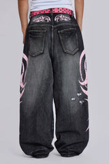 Wide leg denim jeans with graphic print - View 7 | TEVQA