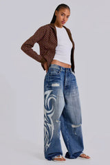Wide leg denim jeans with graphic print - View 12 | TEVQA
