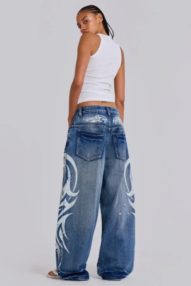 Wide leg denim jeans with graphic print - View 13 | TEVQA