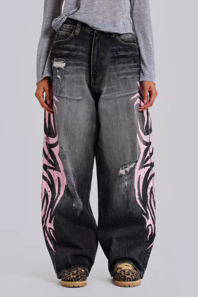 Wide leg denim jeans with graphic print - View 8 | TEVQA